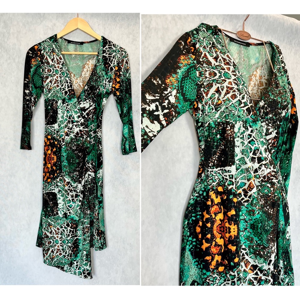 Asymmetrical wrap ruche style deep v dress tropical reptile green, orange,brown